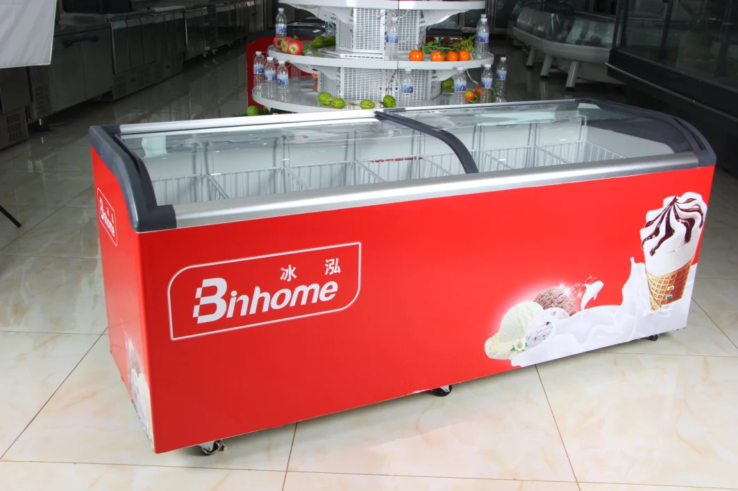 Manufacturer Commercial Combined Island Cabinet Curved Glass Door Chest Freezer for Ice Cream