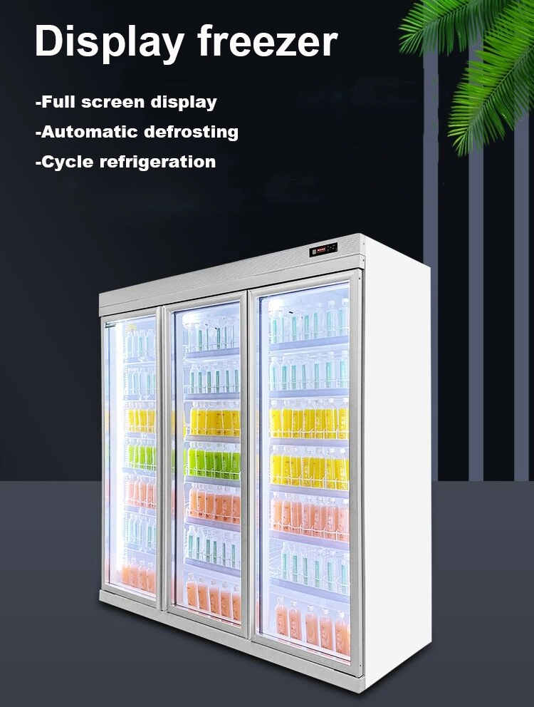 Supermarket Commercial Upright Freezer Drinks Display 3 Door Glass Door Fridge